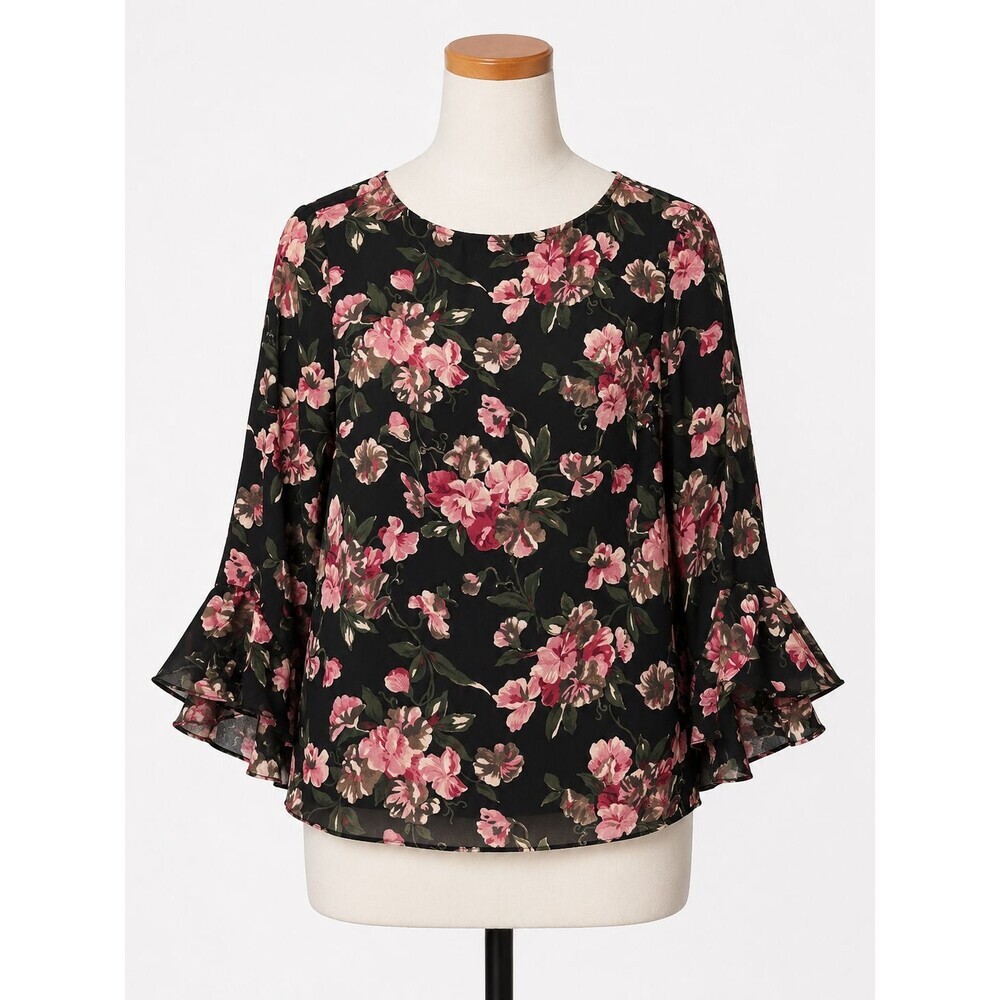 Ralph Lauren Top Floral Print Blouse Size XS Country Roses Ruffle Sleeve Womens